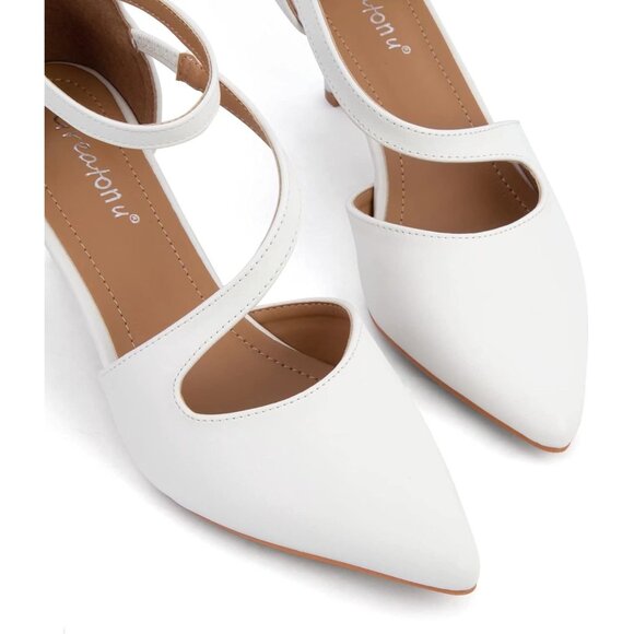Women's White Polyurethane Pointed Toe Cross Strap Low Kitten Heel Pumps - Picture 5 of 7